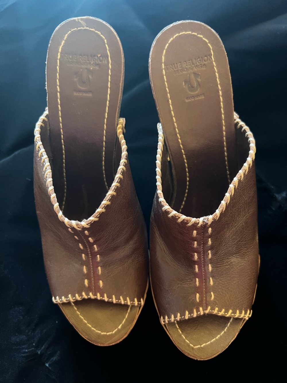 True Religion Brown Leather Whipstitch Open-Toe Mules